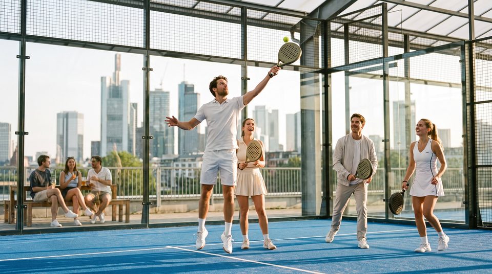 Paar im Tennis-Outfit mit Polo, Stirnband und weißem Faltenrock bei der Fifteen Love Tennis Party in Frankfurt
