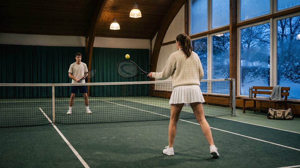 Junge Frau im Zopfpullover und weißem Faltenrock spielt in einer Tennishalle mit grünem Teppich, gegenüber wartet ihr Partner, draußen Winterdämmerung (KI-Bild)